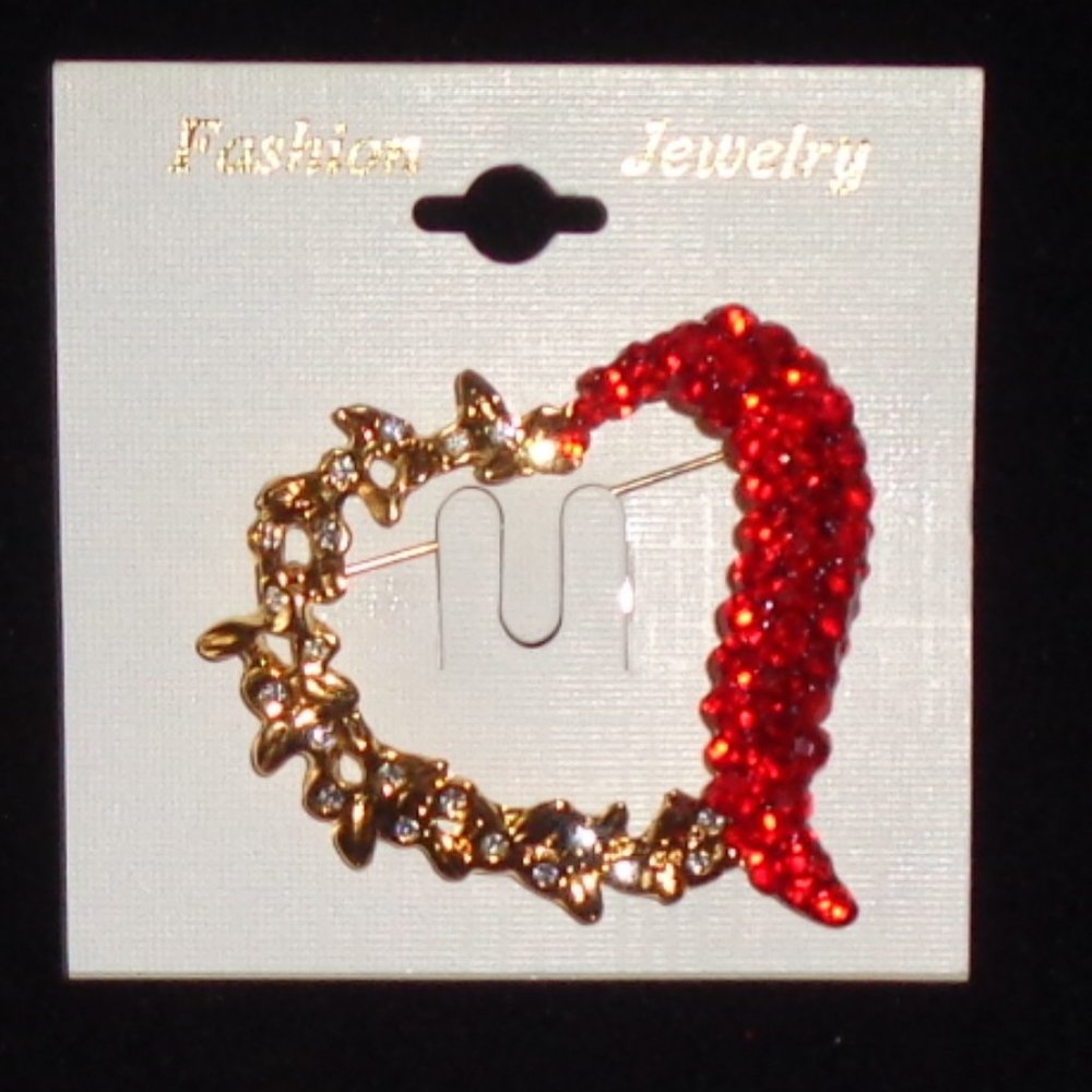 Large HEART PIN with RED & Clear CRYSTALS Boxed